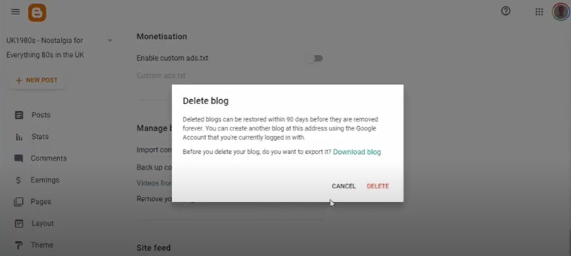Blogger Settings - Remove Blog Dialog Box