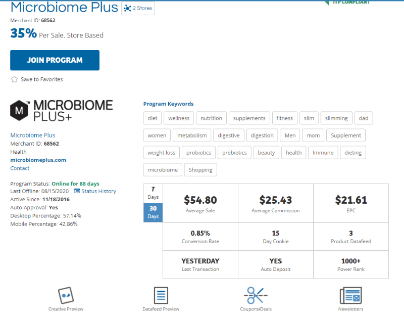 Screenshot of the Microbiome Plus Affiliate Program