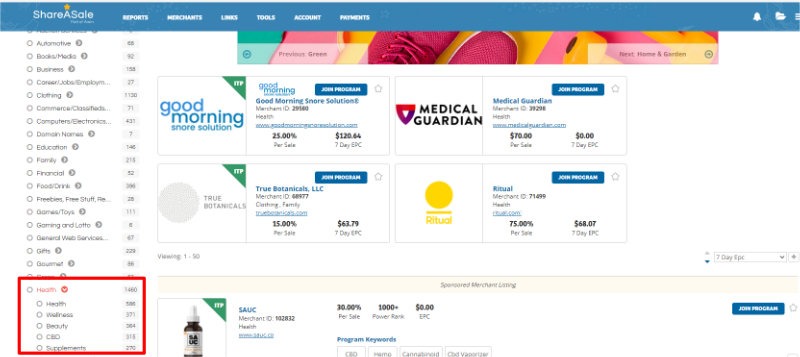 A screenshot showing how to Find Affiliate Programs by Category